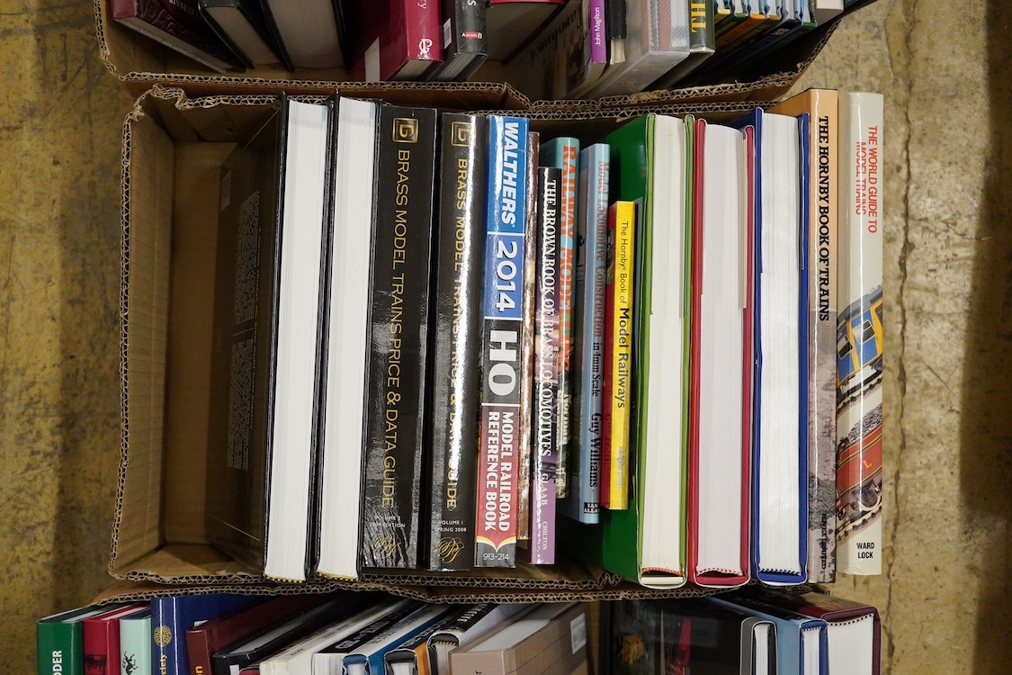 Four boxes of railway, etc. related books, subjects include; General Electric Locomotives, railway models, British Railway companies, traction engines, etc., publishers include; Pen & Sword, Ian Allan, Schiffer, etc.